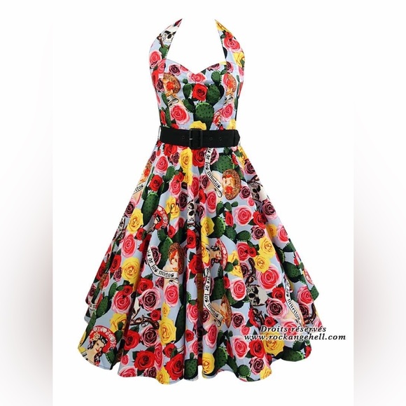 HELL BUNNY Mexico 50s Rockabilly Halter Neck Cotton Midi Dress - Picture 12 of 16